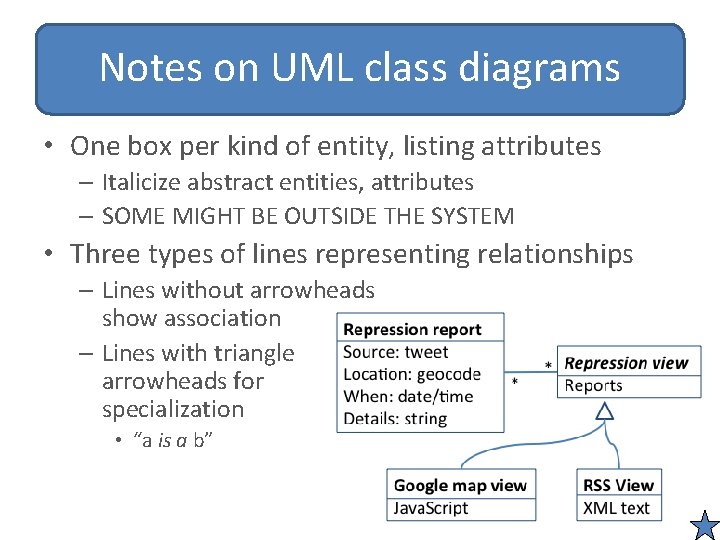 Notes on UML class diagrams • One box per kind of entity, listing attributes