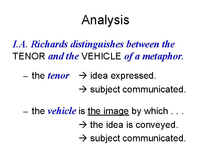 Analysis I. A. Richards distinguishes between the TENOR and the VEHICLE of a metaphor.