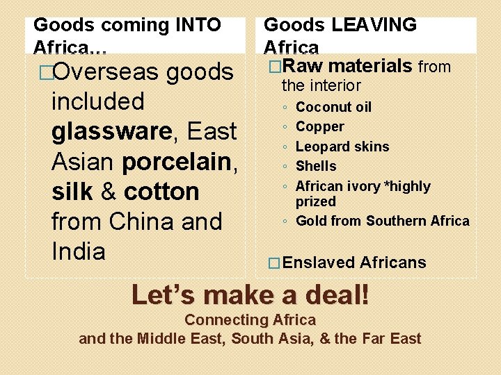 Goods coming INTO Africa… �Overseas goods included glassware, East Asian porcelain, silk & cotton