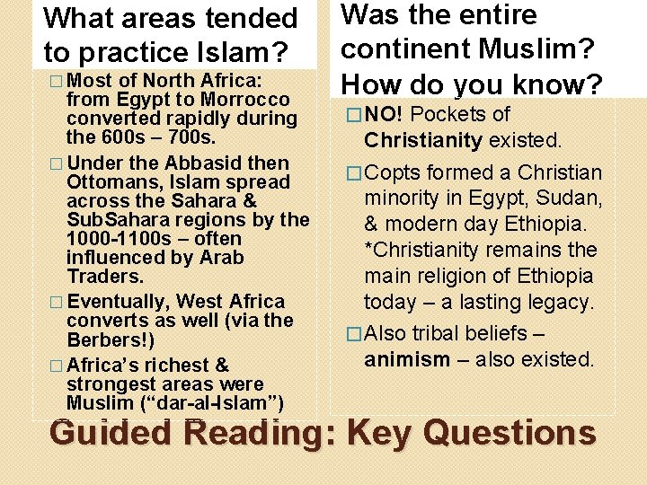 What areas tended to practice Islam? � Most of North Africa: from Egypt to