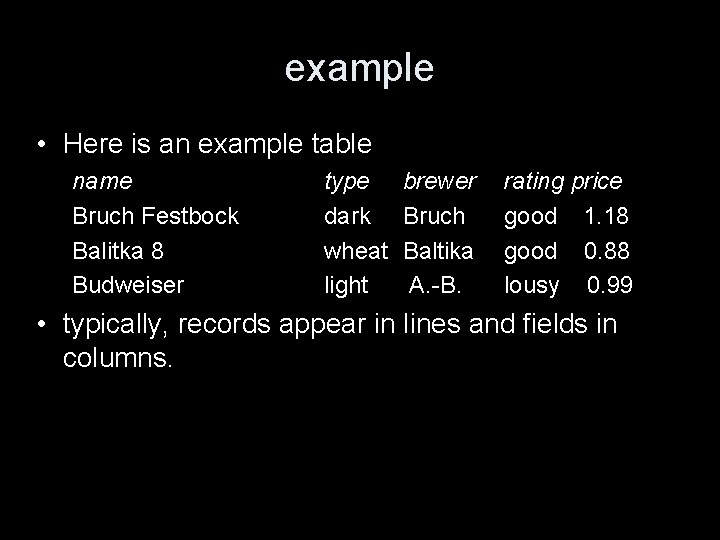 example • Here is an example table name Bruch Festbock Balitka 8 Budweiser type