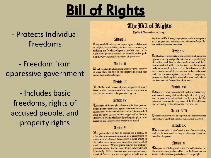 Bill of Rights - Protects Individual Freedoms - Freedom from oppressive government - Includes