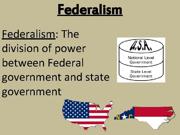 Federalism: The division of power between Federal government and state government 