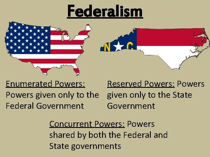 Federalism Enumerated Powers: Reserved Powers: Powers given only to the State Federal Government Concurrent