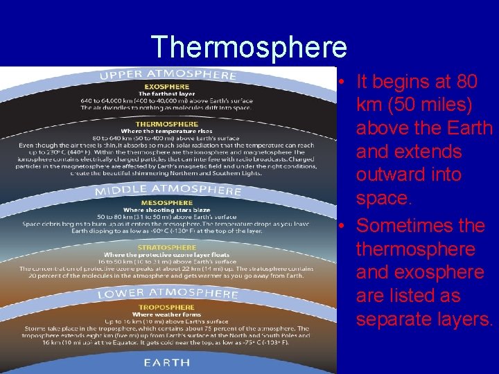 Thermosphere • It begins at 80 km (50 miles) above the Earth and extends Thermosphere • It begins at 80 km (50 miles) above the Earth and extends