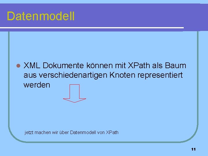 Datenmodell l XML Dokumente können mit XPath als Baum aus verschiedenartigen Knoten representiert werden