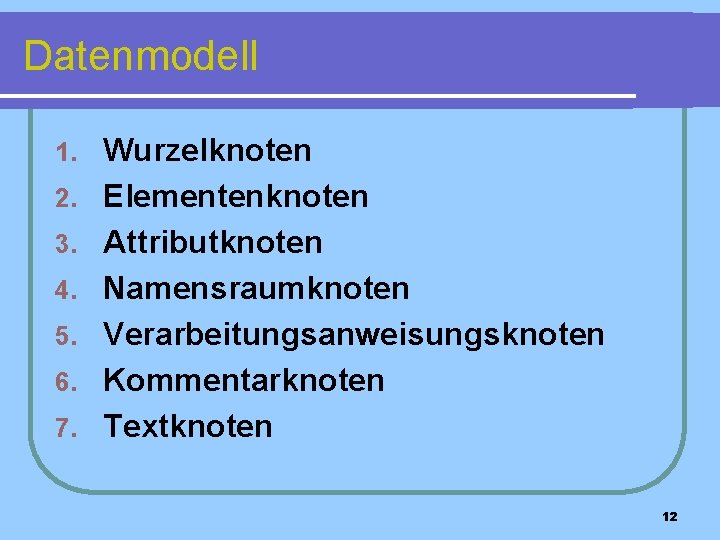 Datenmodell 1. 2. 3. 4. 5. 6. 7. Wurzelknoten Elementenknoten Attributknoten Namensraumknoten Verarbeitungsanweisungsknoten Kommentarknoten