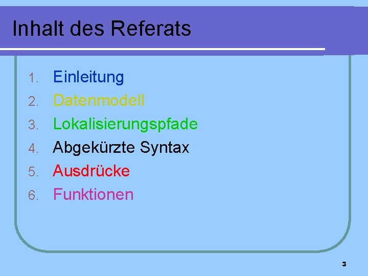 Inhalt des Referats 1. 2. 3. 4. 5. 6. Einleitung Datenmodell Lokalisierungspfade Abgekürzte Syntax