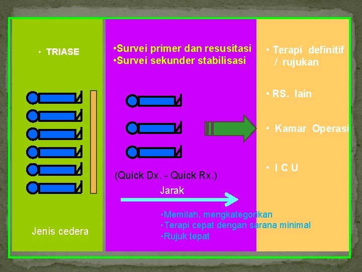  • TRIASE • Survei primer dan resusitasi • Survei sekunder stabilisasi • Terapi