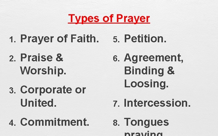 Types of Prayer 1. Prayer of Faith. 5. Petition. 2. Praise & Worship. 6.