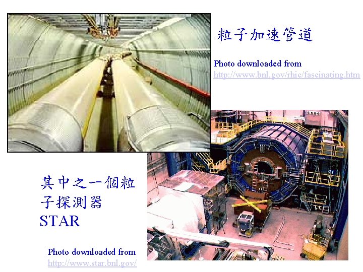 粒子加速管道 Photo downloaded from http: //www. bnl. gov/rhic/fascinating. htm 其中之一個粒 子探測器 STAR Photo downloaded