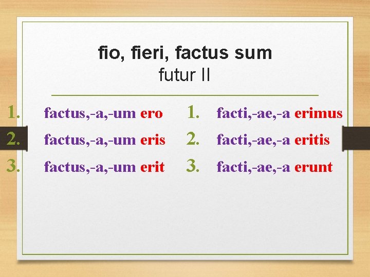 fio, fieri, factus sum futur II 1. 2. 3. factus, -a, -um ero factus,