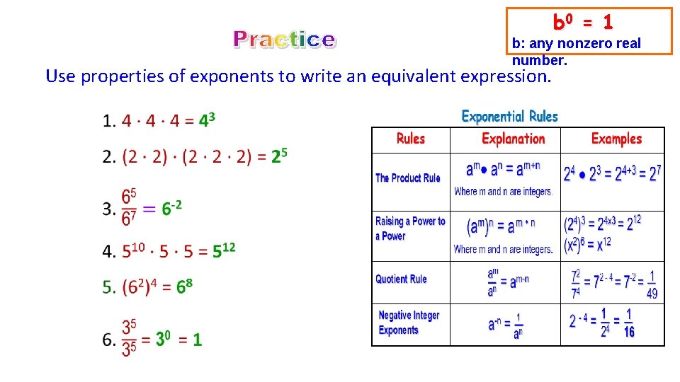 b 0 = 1 b: any nonzero real number. Use properties of exponents to