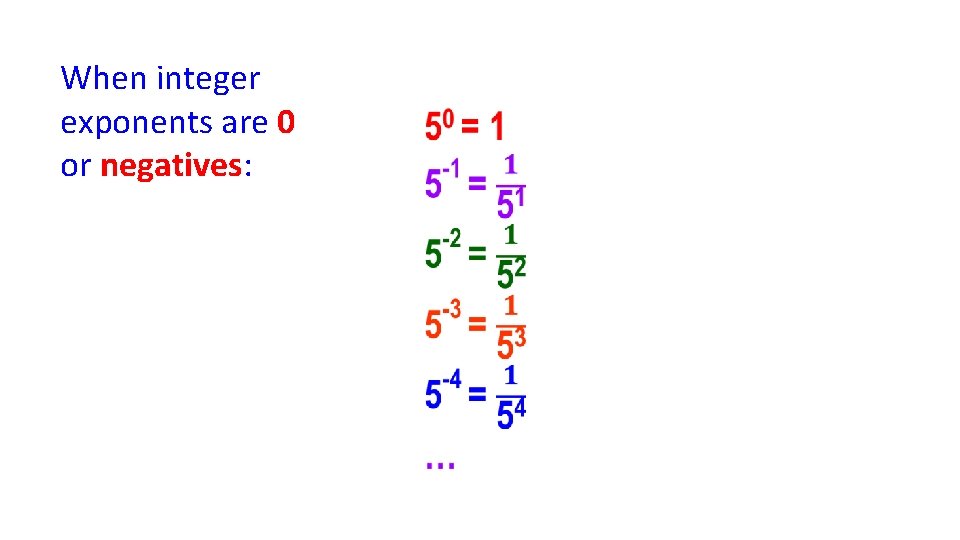 When integer exponents are 0 or negatives: 