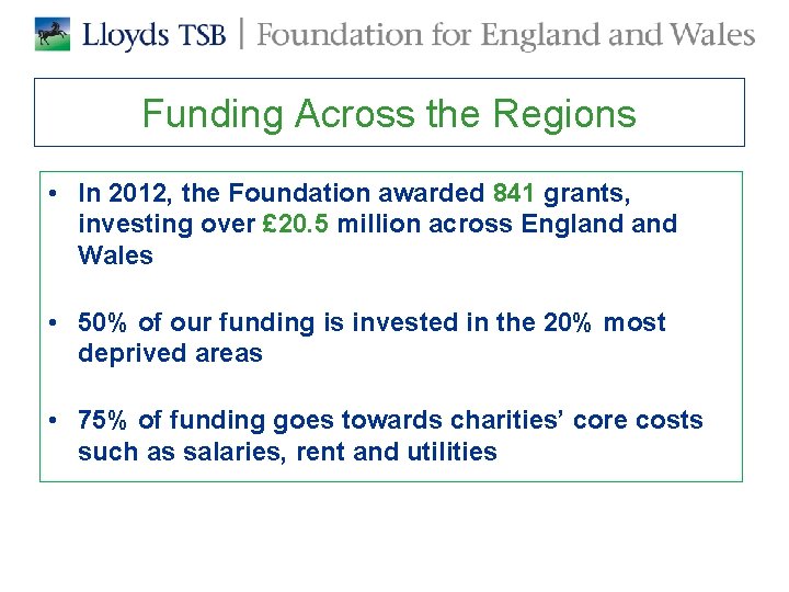 Funding Across the Regions • In 2012, the Foundation awarded 841 grants, investing over Funding Across the Regions • In 2012, the Foundation awarded 841 grants, investing over
