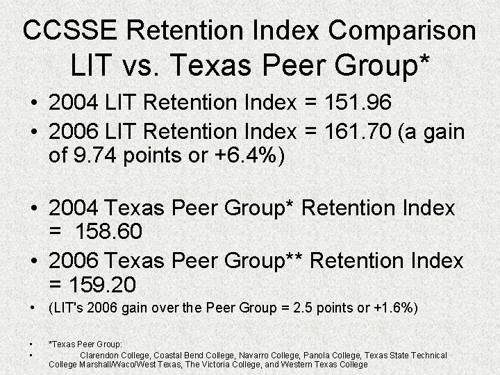 CCSSE Retention Index Comparison LIT vs. Texas Peer Group* • 2004 LIT Retention Index