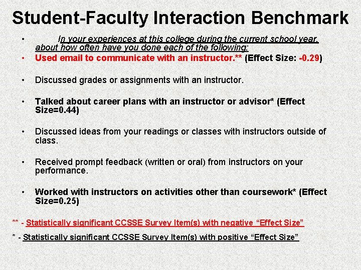 Student-Faculty Interaction Benchmark • In your experiences at this college during the current school