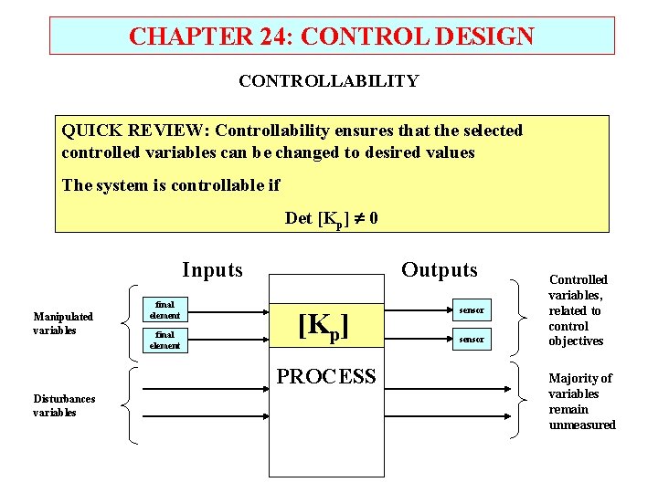 CHAPTER 24: CONTROL DESIGN CONTROLLABILITY QUICK REVIEW: Controllability ensures that the selected controlled variables