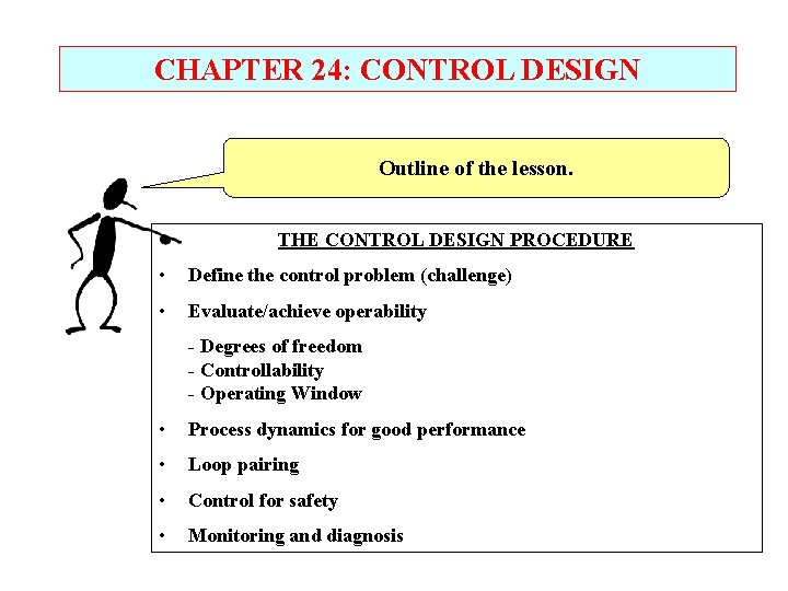 CHAPTER 24: CONTROL DESIGN Outline of the lesson. THE CONTROL DESIGN PROCEDURE • Define