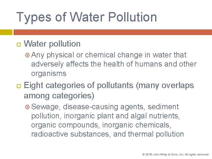 Types of Water Pollution Water pollution Any physical or chemical change in water that Types of Water Pollution Water pollution Any physical or chemical change in water that