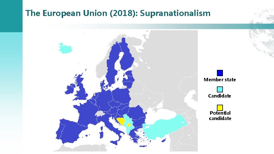 The European Union (2018): Supranationalism Member state Candidate Potential candidate 