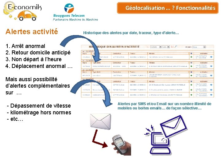 Plateforme de… ? Géo-services Géolocalisation Fonctionnalités Partenaire Machine to Machine Alertes activité Historique des Plateforme de… ? Géo-services Géolocalisation Fonctionnalités Partenaire Machine to Machine Alertes activité Historique des