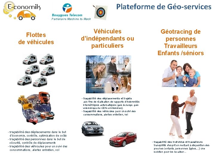 Plateforme de Géo-services Partenaire Machine to Machine Flottes de véhicules Véhicules d’indépendants ou particuliers Plateforme de Géo-services Partenaire Machine to Machine Flottes de véhicules Véhicules d’indépendants ou particuliers