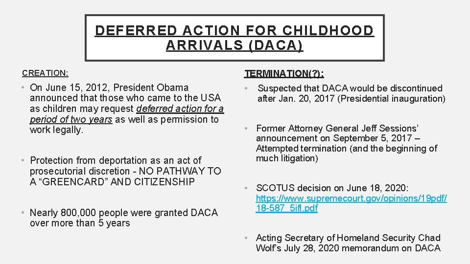 DEFERRED ACTION FOR CHILDHOOD ARRIVALS (DACA) CREATION: TERMINATION(? ): • On June 15, 2012,