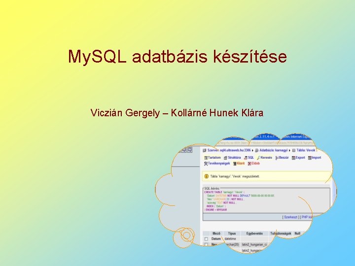 My. SQL adatbázis készítése Viczián Gergely – Kollárné Hunek Klára 