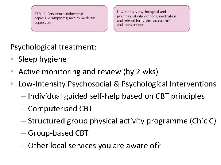 Psychological treatment: • Sleep hygiene • Active monitoring and review (by 2 wks) • Psychological treatment: • Sleep hygiene • Active monitoring and review (by 2 wks) •