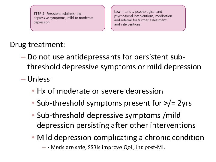 Drug treatment: – Do not use antidepressants for persistent subthreshold depressive symptoms or Drug treatment: – Do not use antidepressants for persistent subthreshold depressive symptoms or