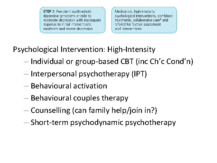 Psychological Intervention: High-Intensity – Individual or group-based CBT (inc Ch’c Cond’n) – Interpersonal Psychological Intervention: High-Intensity – Individual or group-based CBT (inc Ch’c Cond’n) – Interpersonal
