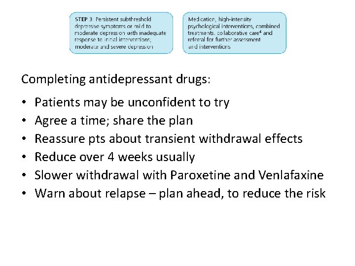 Completing antidepressant drugs: • • • Patients may be unconfident to try Agree a Completing antidepressant drugs: • • • Patients may be unconfident to try Agree a