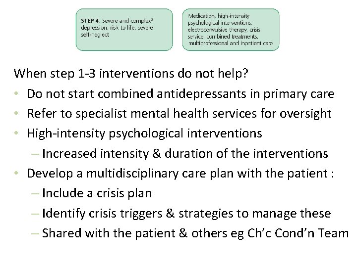When step 1 -3 interventions do not help? • Do not start combined antidepressants When step 1 -3 interventions do not help? • Do not start combined antidepressants