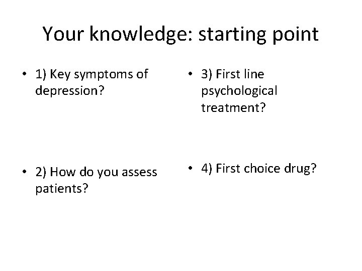 Your knowledge: starting point • 1) Key symptoms of depression? • 3) First line Your knowledge: starting point • 1) Key symptoms of depression? • 3) First line
