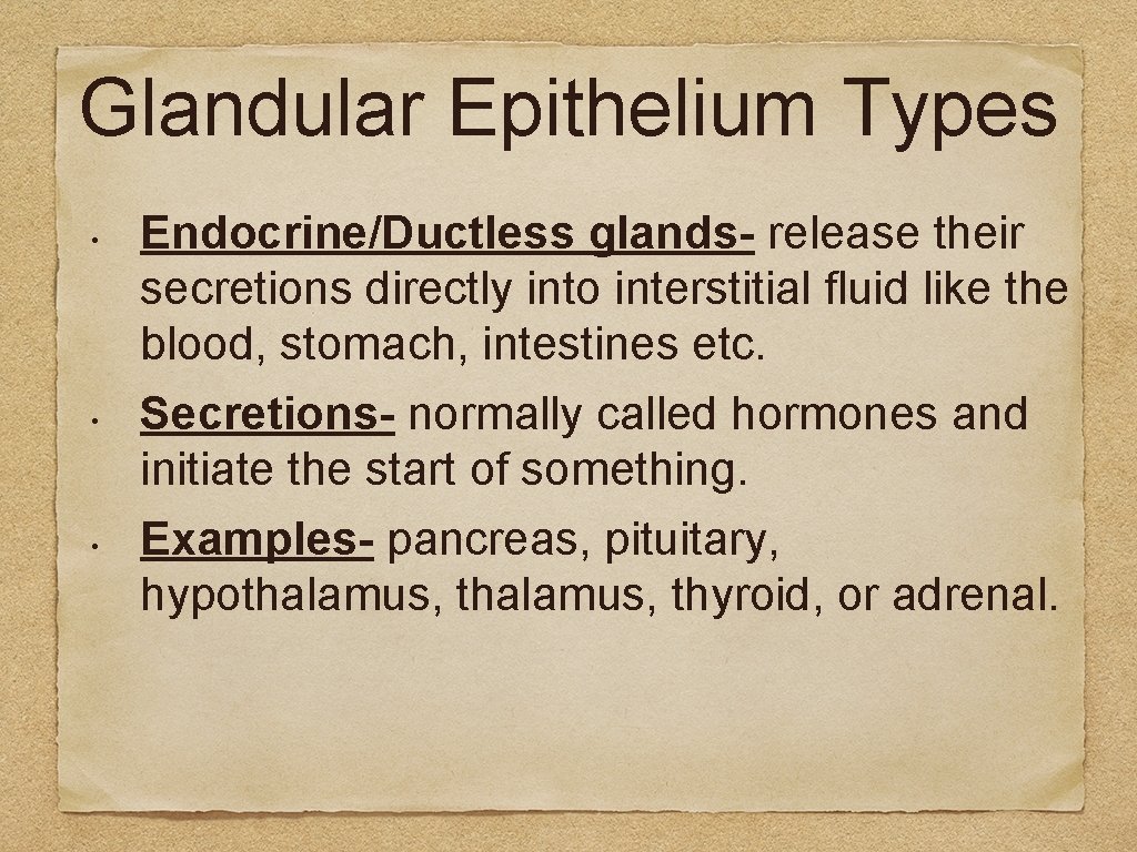 Glandular Epithelium Types • • • Endocrine/Ductless glands- release their secretions directly into interstitial