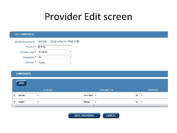 Provider Edit screen 