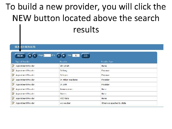 To build a new provider, you will click the NEW button located above the
