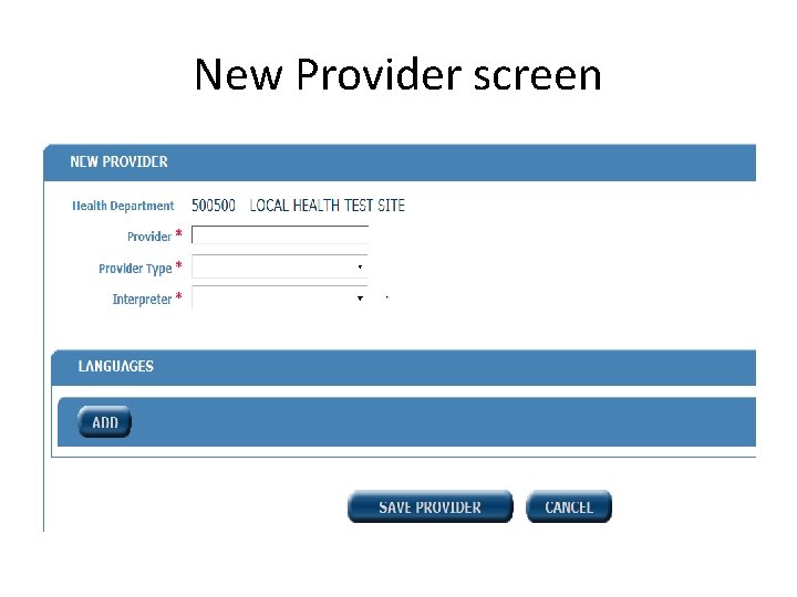 New Provider screen 