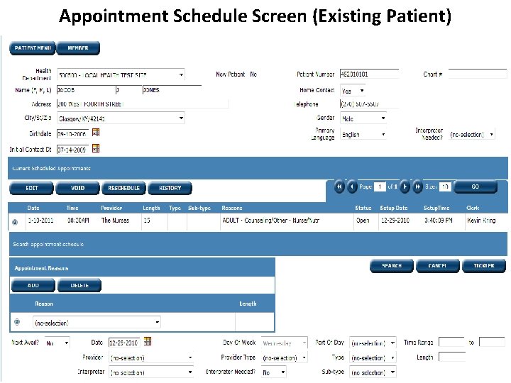 Appointment Schedule Screen (Existing Patient) 