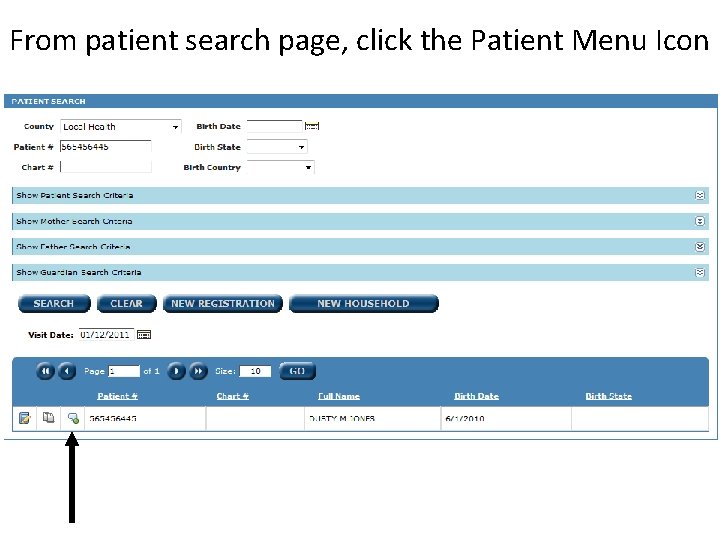 From patient search page, click the Patient Menu Icon 