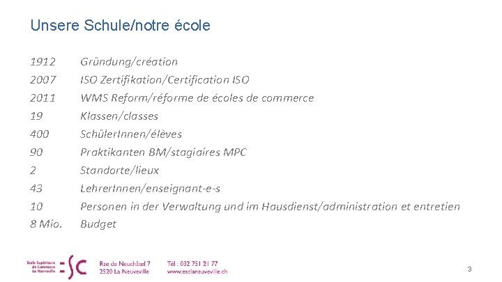 Unsere Schule/notre école 1912 2007 2011 19 400 90 2 43 10 8 Mio.