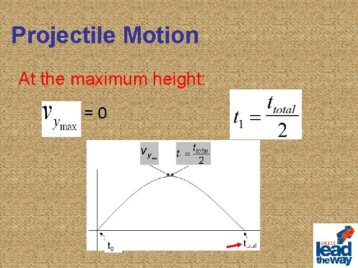 Projectile Motion At the maximum height: =0 t 0 