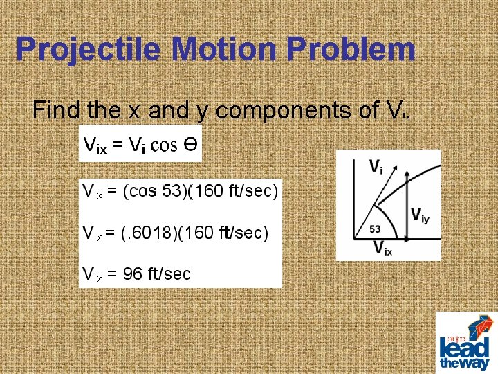 Projectile Motion Problem Find the x and y components of V. i 