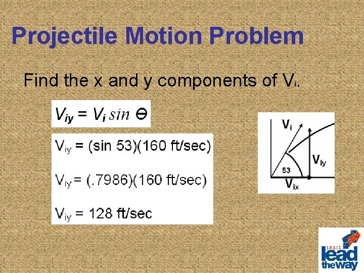 Projectile Motion Problem Find the x and y components of V. i 