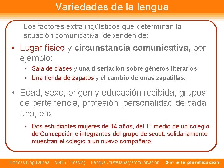 Variedades de la lengua Los factores extralingüísticos que determinan la situación comunicativa, dependen de: