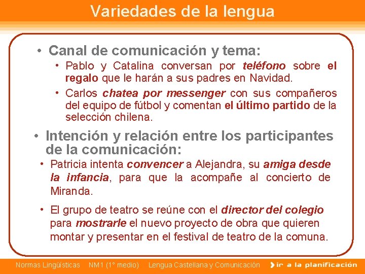 Variedades de la lengua • Canal de comunicación y tema: • Pablo y Catalina