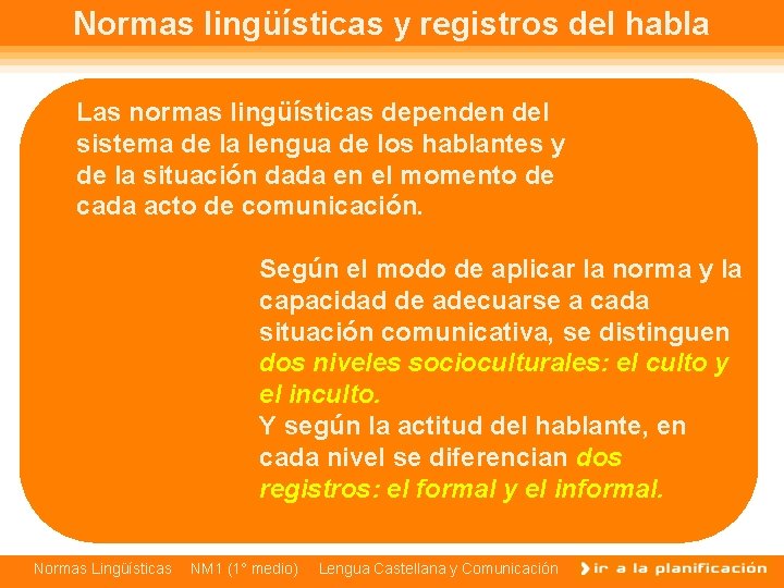 Normas lingüísticas y registros del habla Las normas lingüísticas dependen del sistema de la