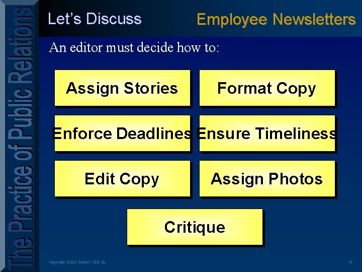 Let’s Discuss Employee Newsletters An editor must decide how to: Assign Stories Format Copy