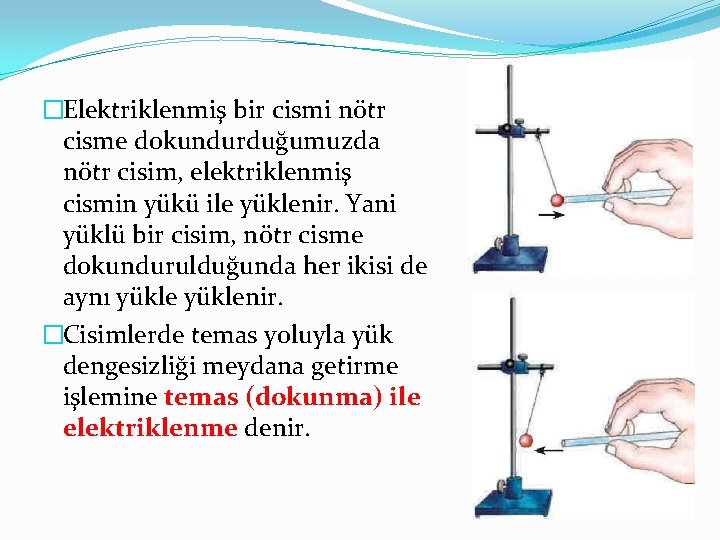�Elektriklenmiş bir cismi nötr cisme dokundurduğumuzda nötr cisim, elektriklenmiş cismin yükü ile yüklenir. Yani �Elektriklenmiş bir cismi nötr cisme dokundurduğumuzda nötr cisim, elektriklenmiş cismin yükü ile yüklenir. Yani